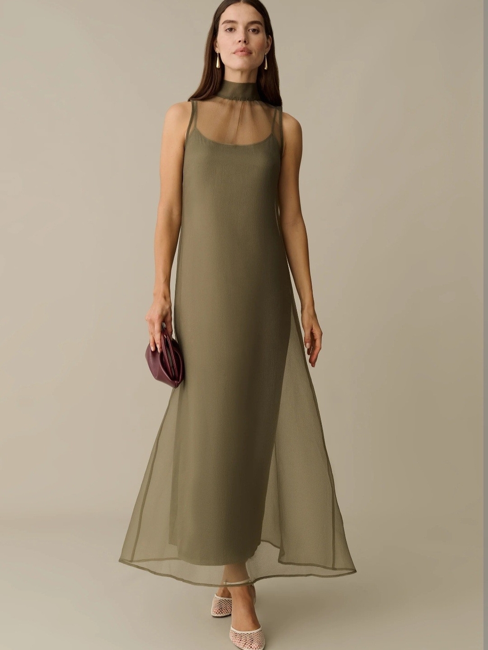 Olive Green Maxi Dress with Sheer Neckline - Picture 4 of 10